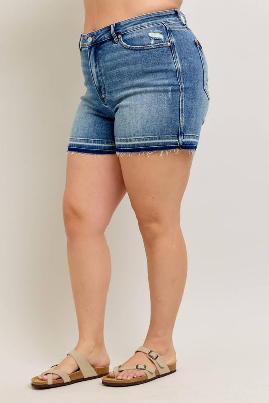 Mid Rise Tummy Control Vintage Wash Release Hem Shorts - PLUS