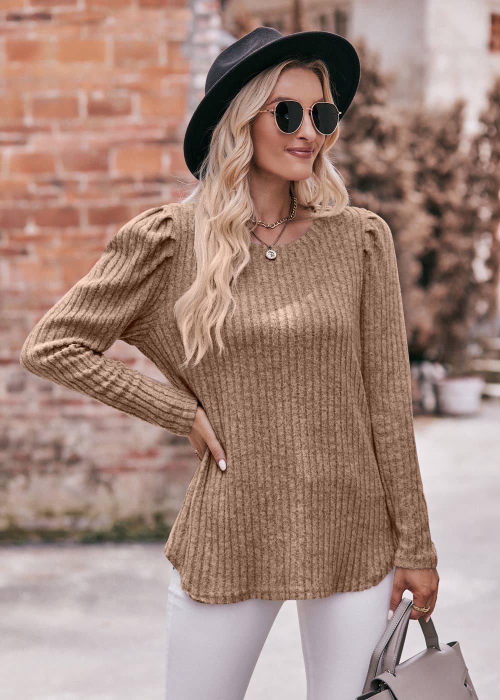 Soft Ribbed Knit Puff Sleeve Top