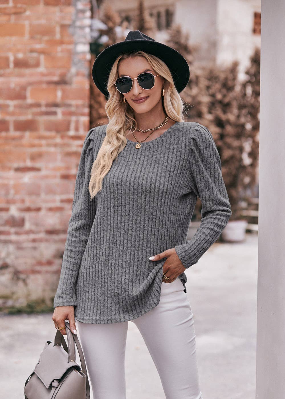 Soft Ribbed Knit Puff Sleeve Top