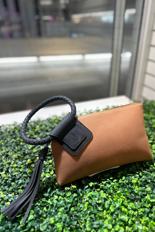 Faux Suede Cuff Handle Tassel Wristlet/Clutch