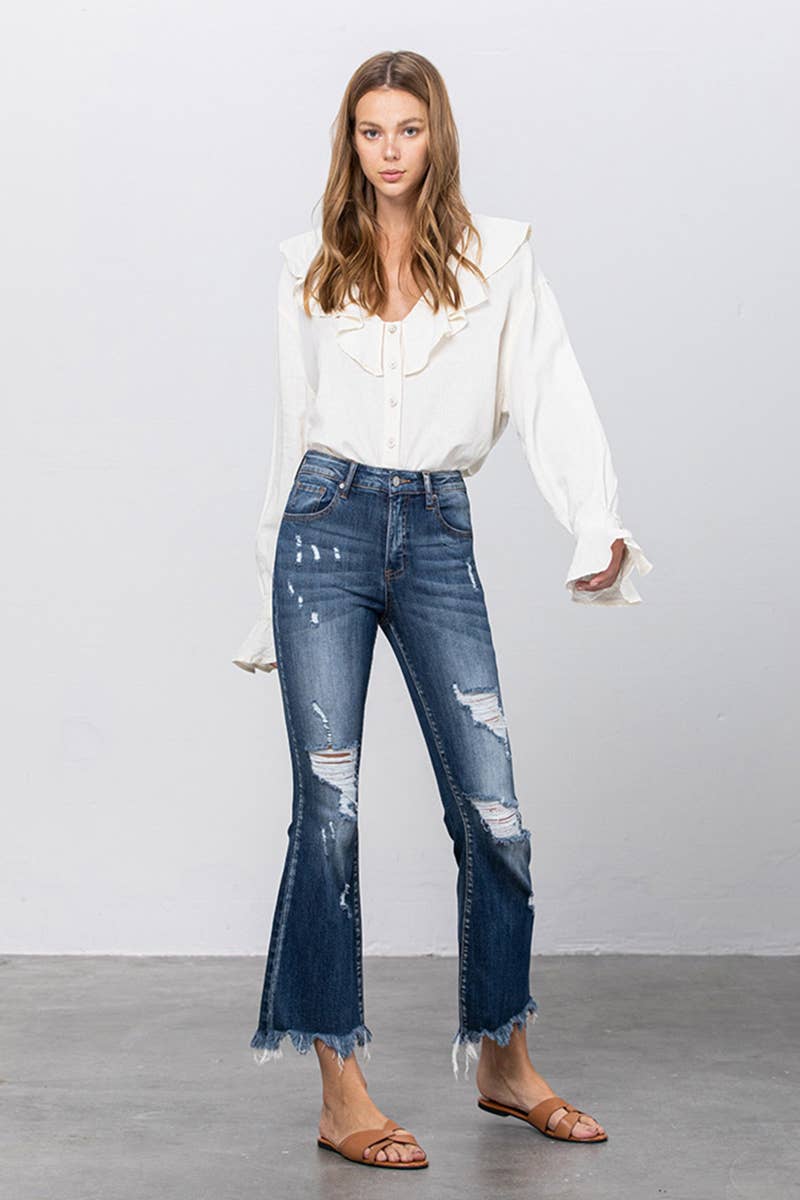 High Stretch Mid Rise Frayed Hem Distressed Crop Flare Jeans