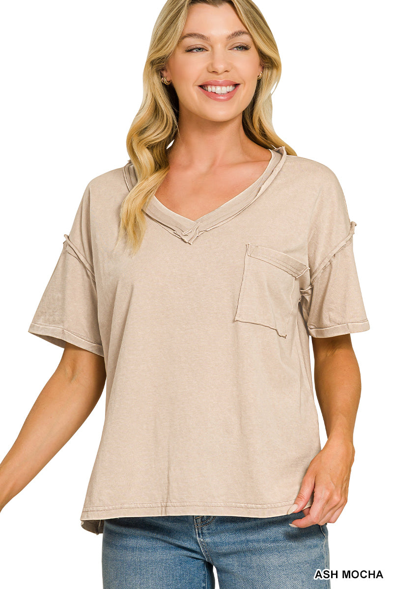 Acid Wash V-Neck Pocket Tee