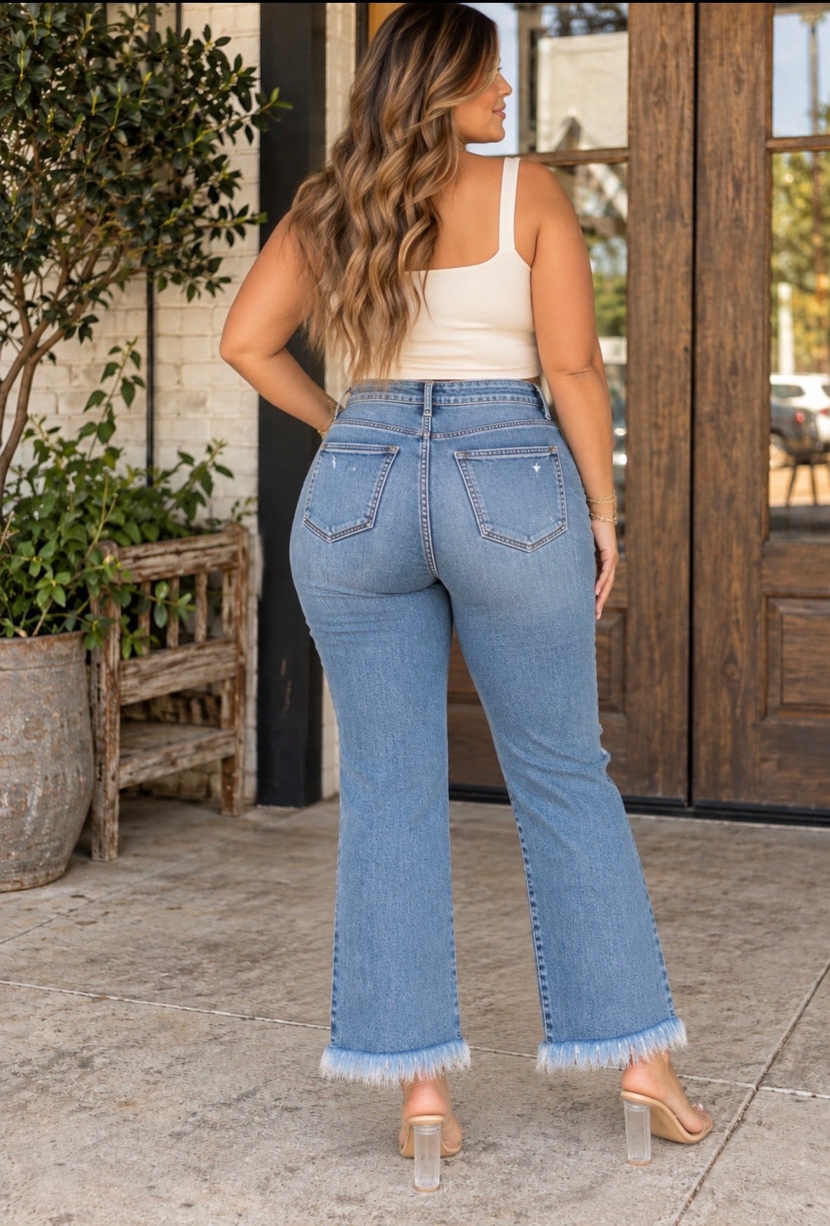 Frayed High Rise Crop Bootcut Jeans