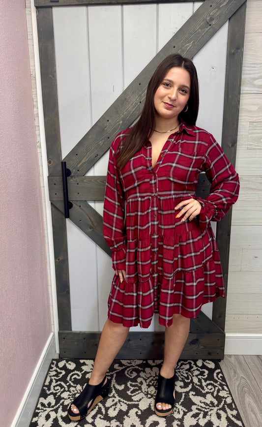 Red Plaid Tiered A Line Shirtdress