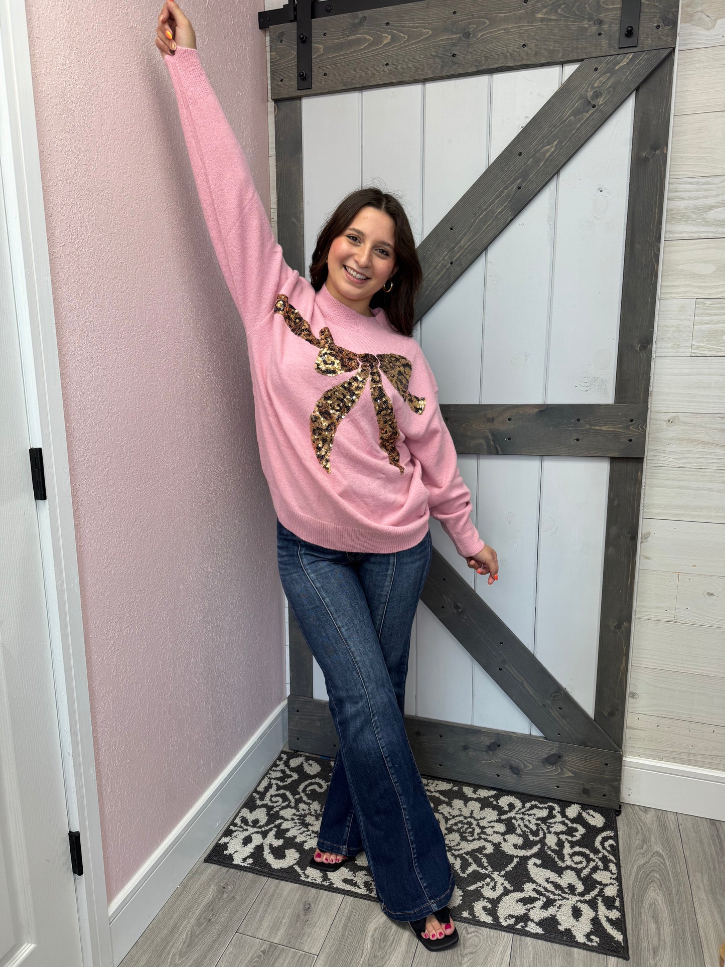 Leopard Sequin Bow Crew Neck Knitted Sweater Top VT82024