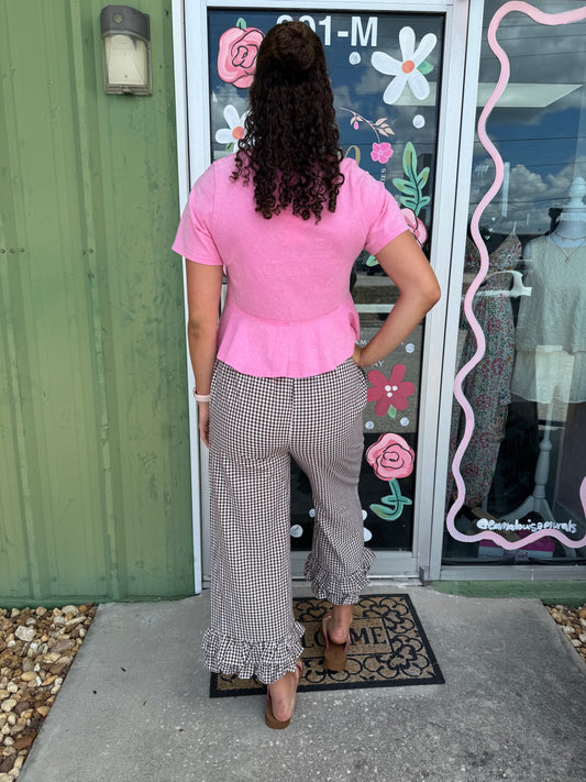 Gingham Casual Ruffled Hem Cropped Pants