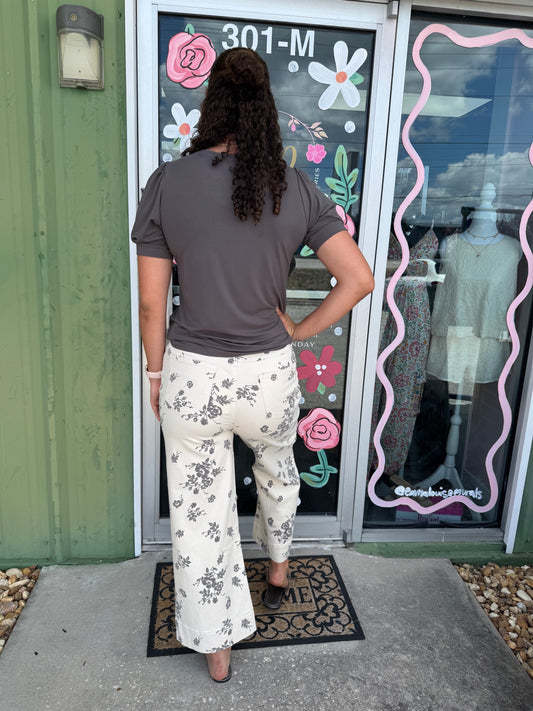Floral Print Straight Leg Cotton Denim Span Pants