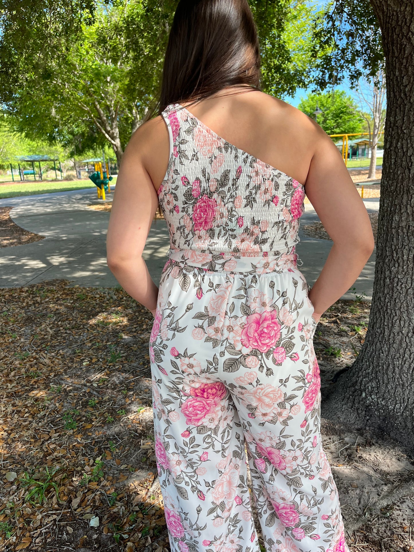 Romantic Floral Smocked One Shoulder Jumpsuit