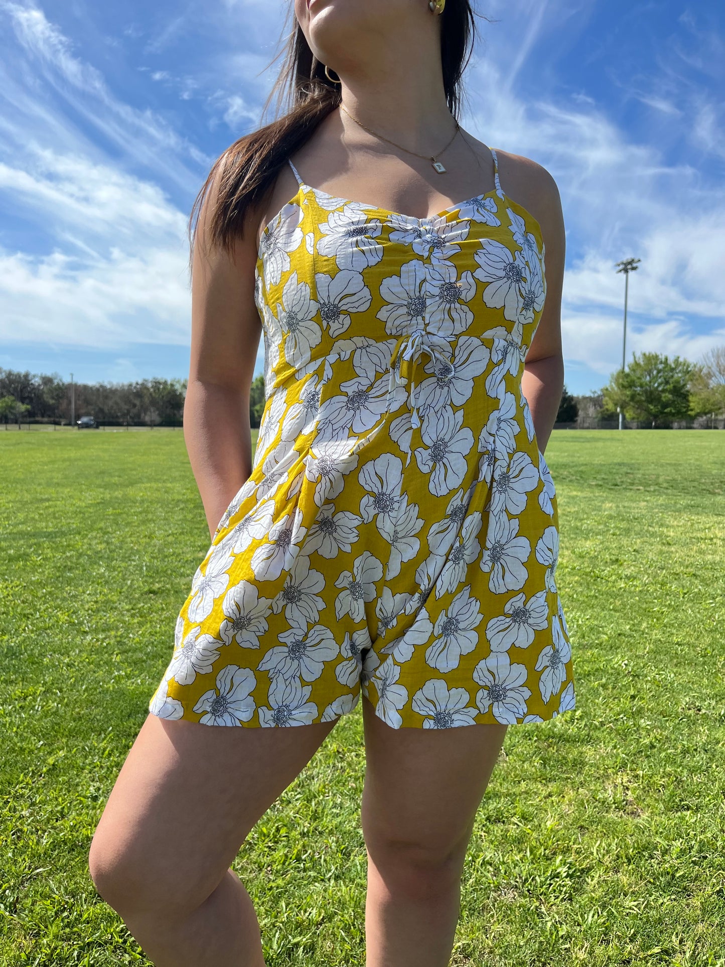 Floral Romper with Drawstring Detail