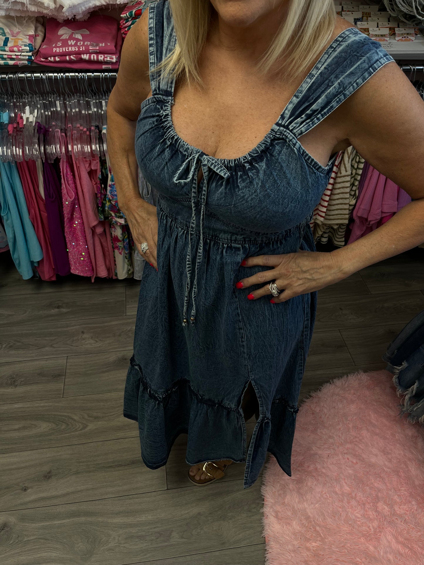 Acid Wash Denim Side Slit Open Back Maxi Dress