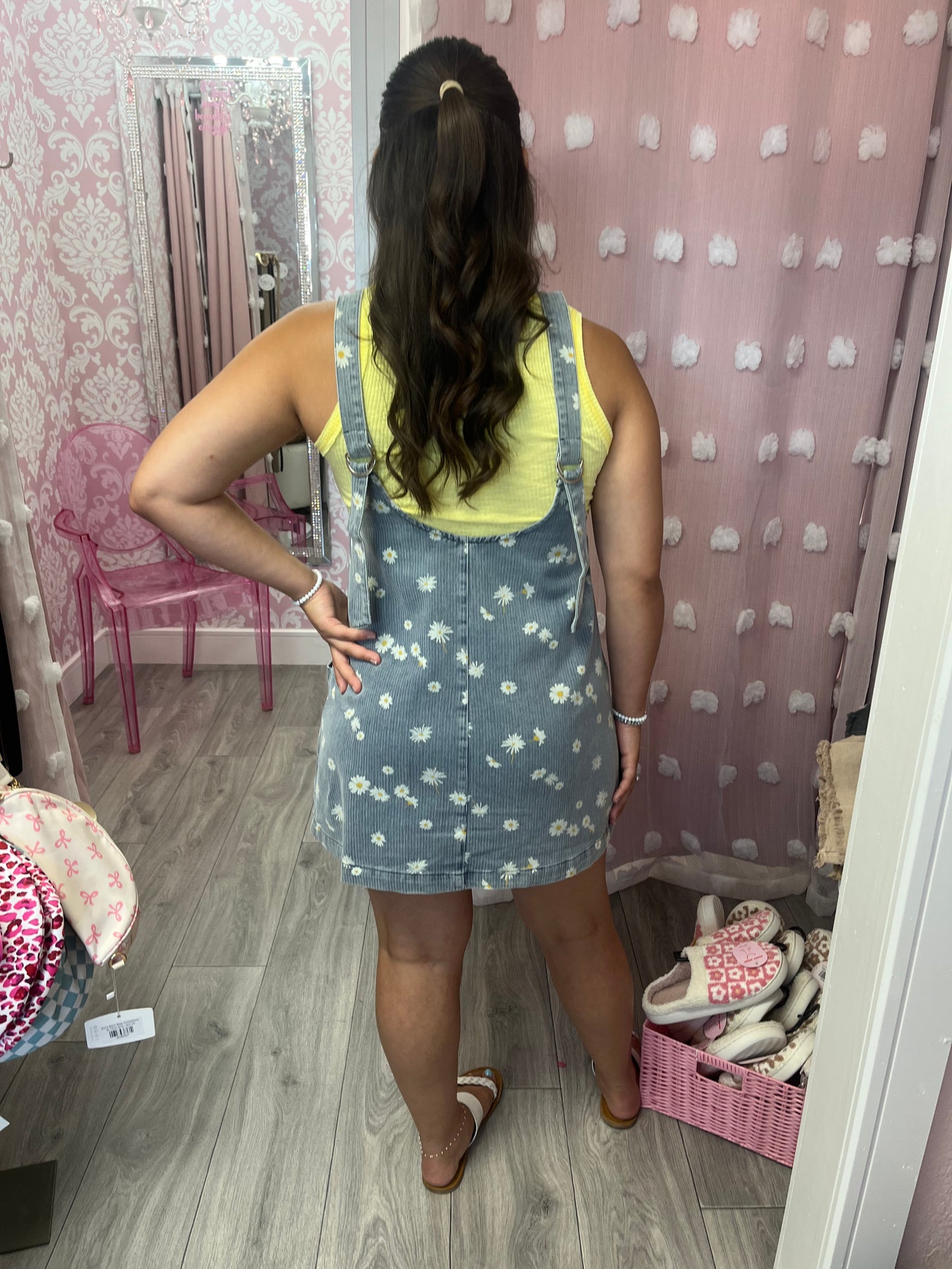 Relaxed Fit Daisy Print V Neck Denim Dress