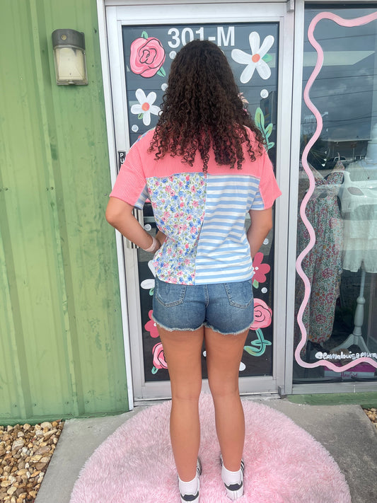 V-Neck Floral Stripe Color Block Top