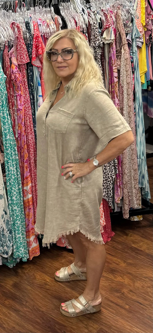 Washed Linen Raw Edge Button Down V-Neck Dress - Southern Sassy Boutique