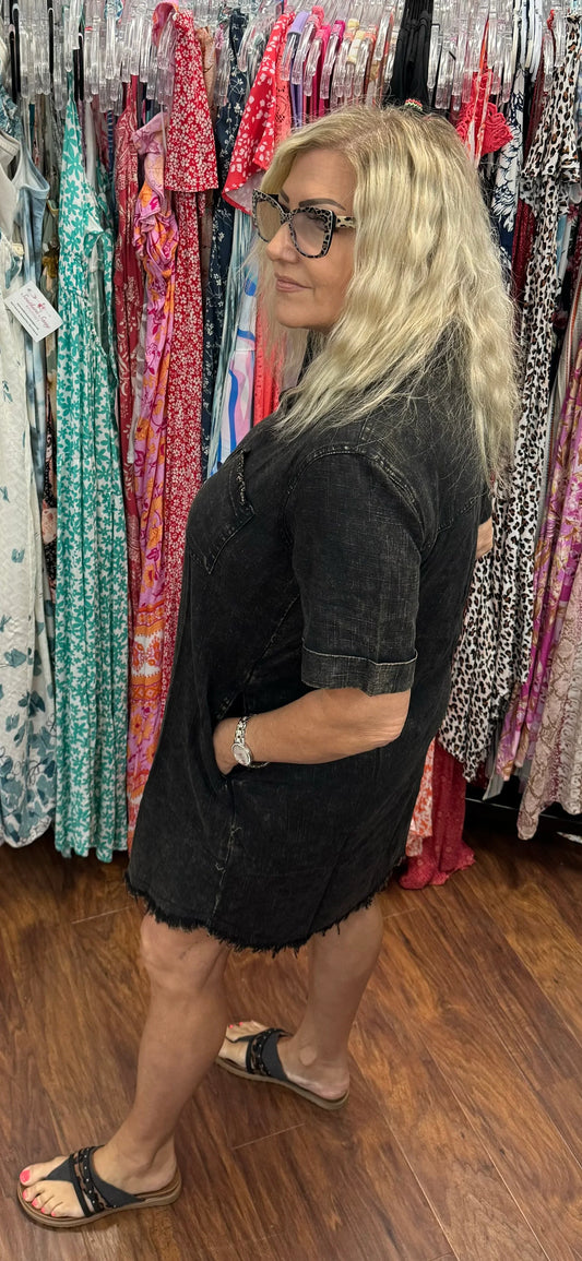 Washed Linen Raw Edge Button Down V-Neck Dress - Southern Sassy Boutique