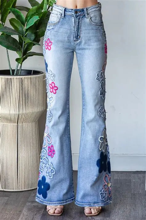 Floral Embroidery Flare Denim Pants