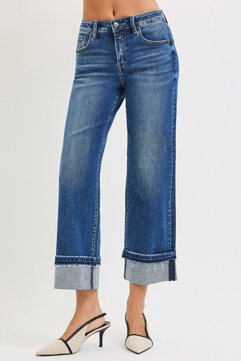 Dark Mid Rise Ankle Straight Jeans w/ Cuffed Hem