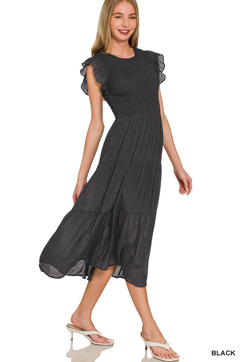 Smocked Ruffle Sleeve Midi Dress
