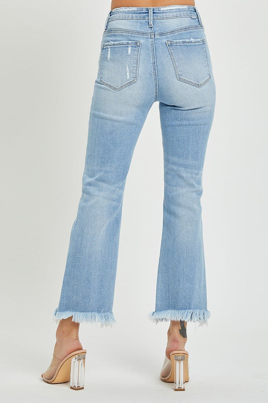 High Rise Crop Bootcut Frayed Light Jeans