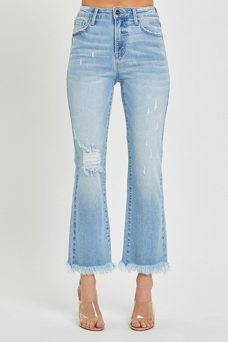 High Rise Crop Bootcut Frayed Light Jeans