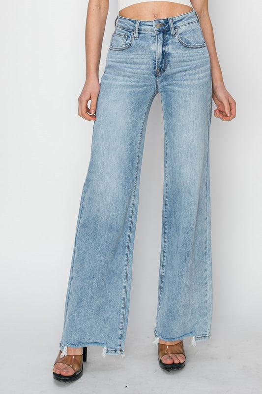 High Rise Wide Leg Step Hem Jeans