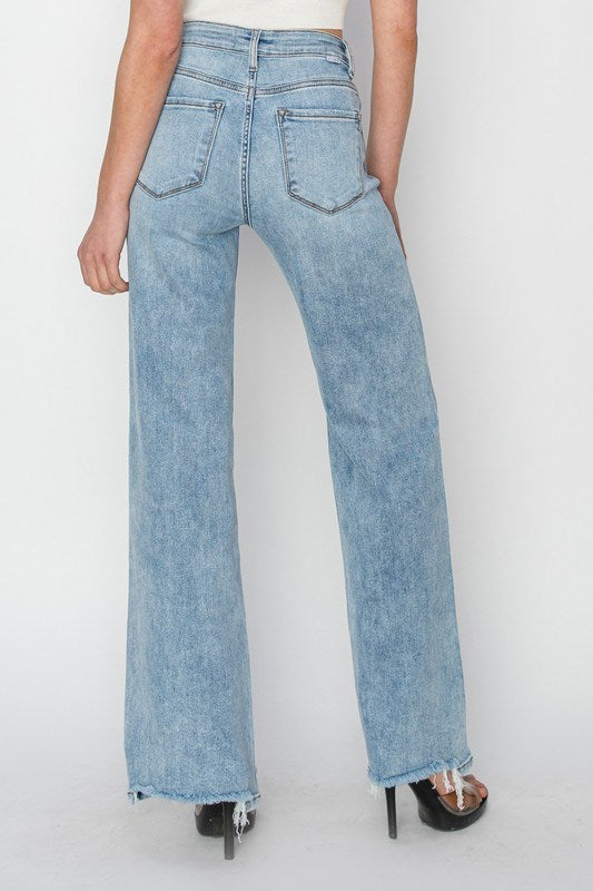 High Rise Wide Leg Step Hem Jeans