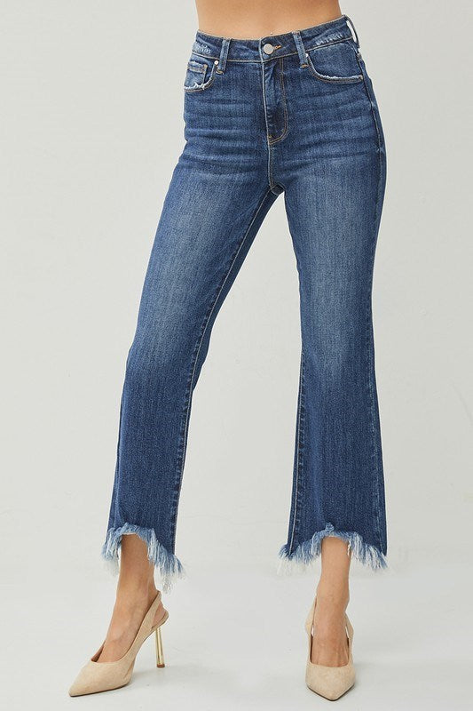 Risen Dark Bootcut Jeans w/ Fray Hem Ankle