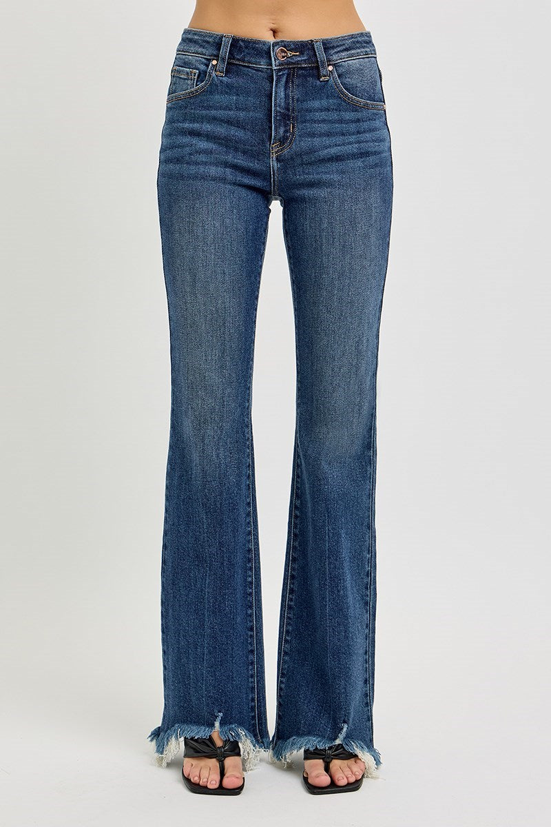 Mid Rise Flare Frayed Hem Risen Jeans