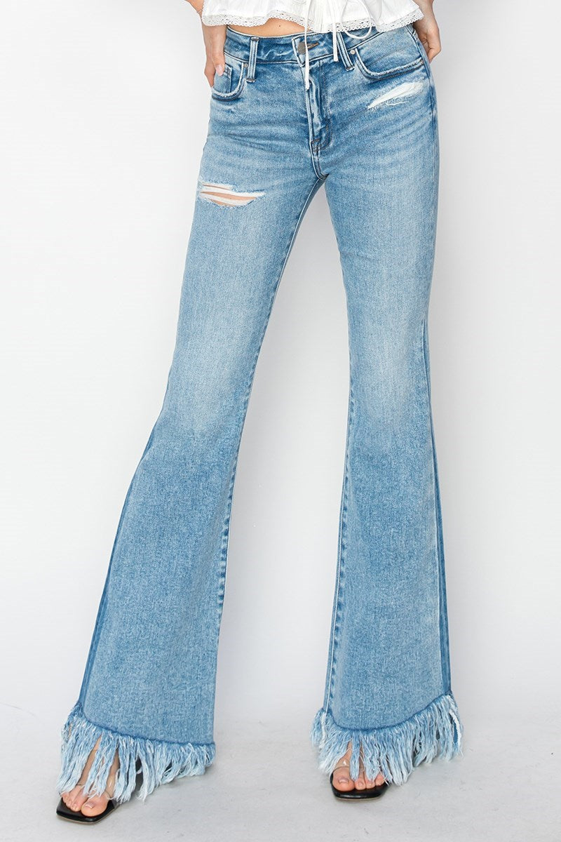 Risen Mid Rise Flare Long Fray Jeans