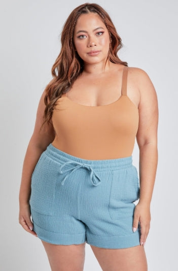 Plus Size Double Gauze Shorts With Banded Hem And side Pockets