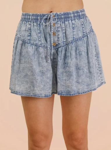 Washed Chambray Button Down Flare Shorts