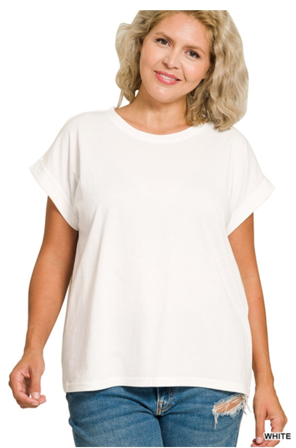 Plus Round Neck Folded Short Sleeve T Shirt