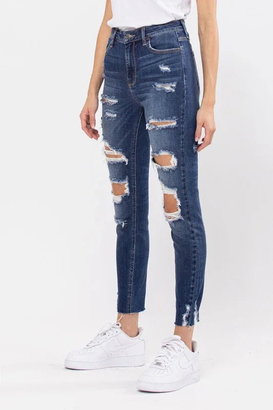 Cello High Rise Skinny Distressed Denim Dark - Southern Sassy Boutique