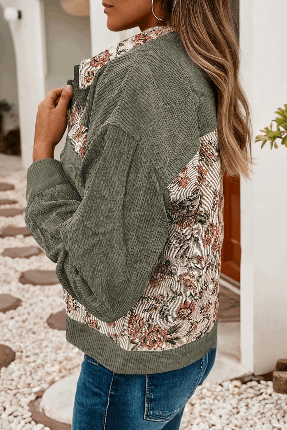Ribbed Retro Floral Patchwork Shirt Style Jacket