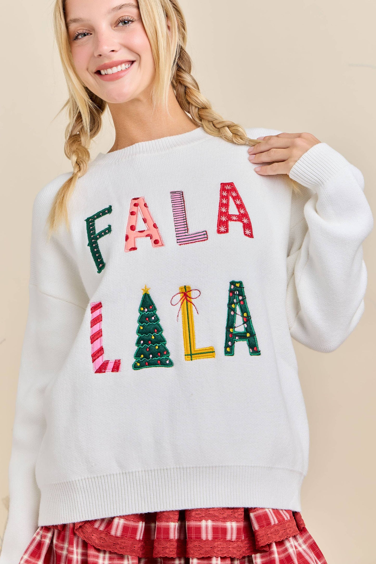 Festive Holiday Falala Embroidered Sweater Knit Top