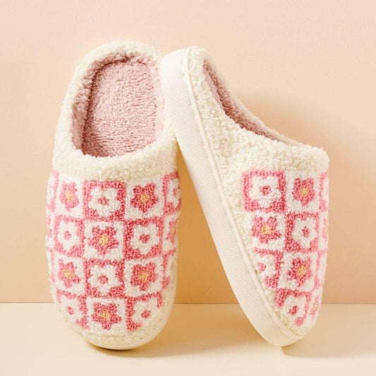 Flower Checker Fuzzy Fleece Soft Slipper - Southern Sassy Boutique