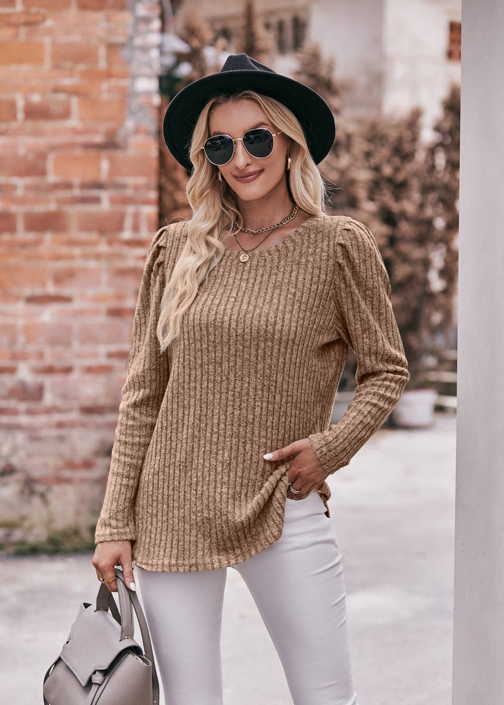 Soft Ribbed Knit Puff Sleeve Top