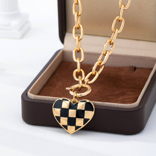 Checkered Heart Toggle Necklace