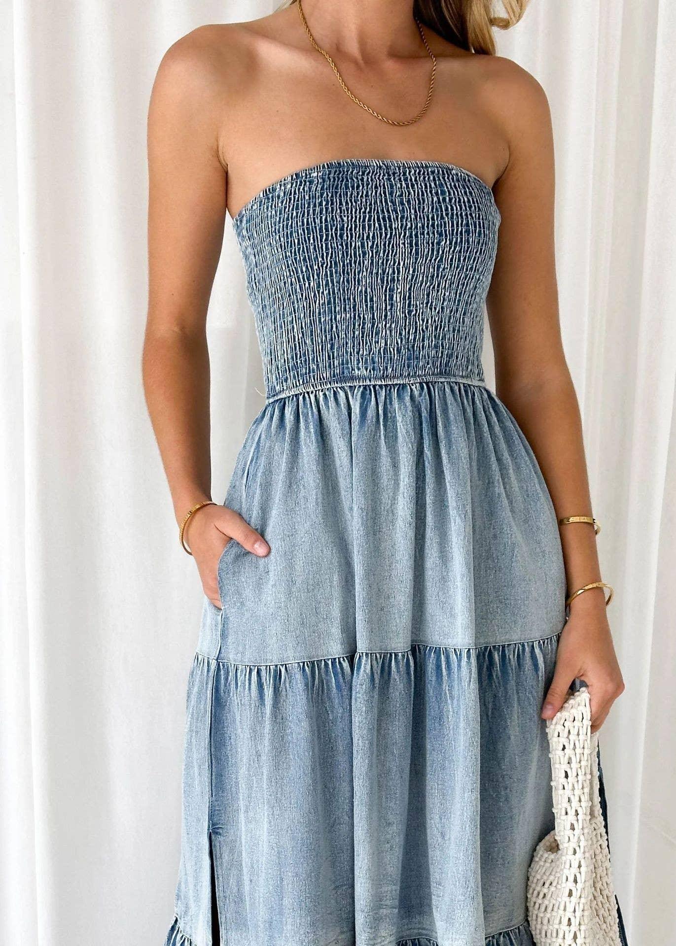 Off-Shoulder Hem Slit Jean Dress - Southern Sassy Boutique