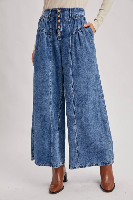 DENIM PLEATED RETRO HIGH-RISE WIDE LEG JEANS - Southern Sassy Boutique