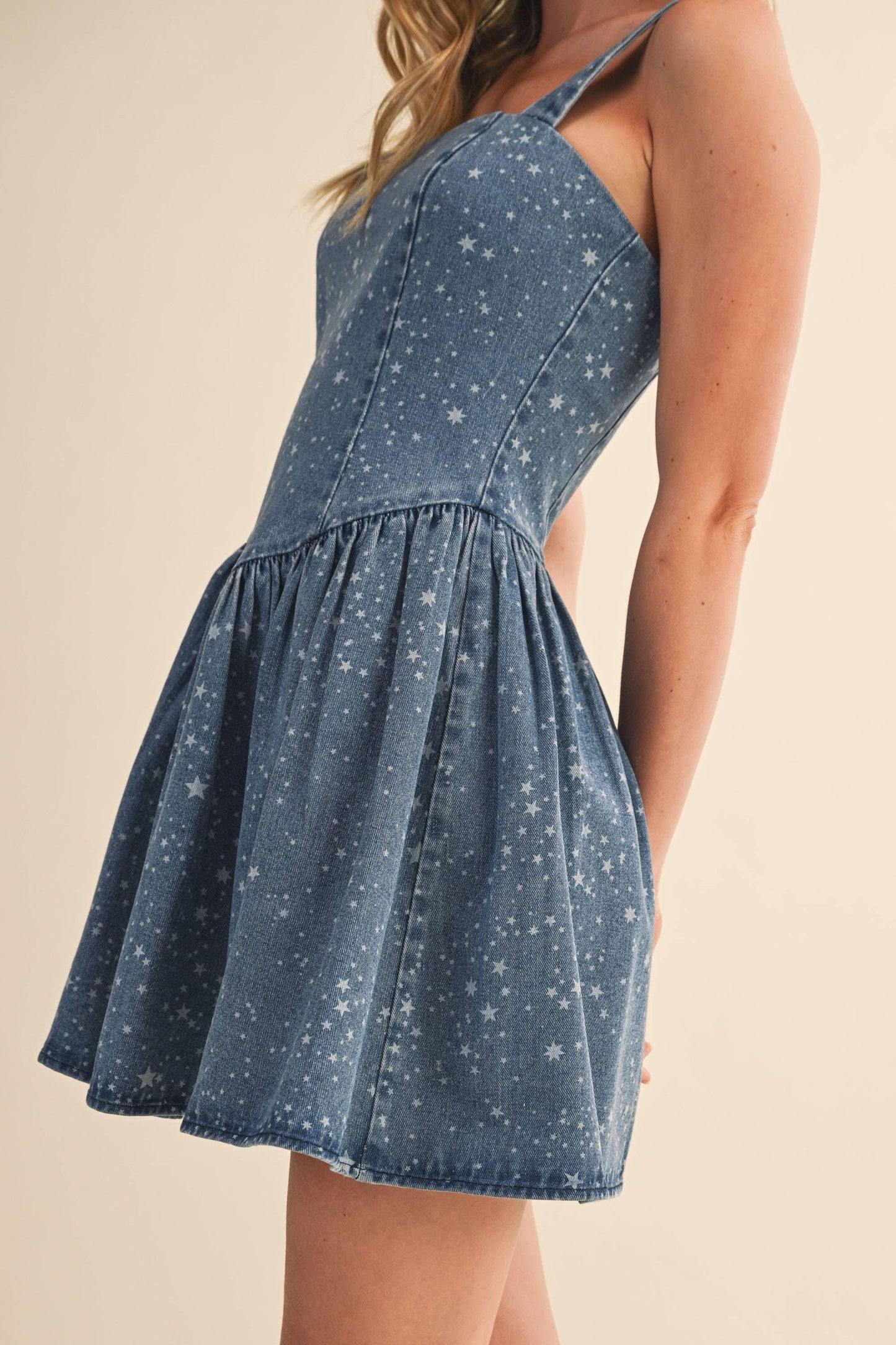 STAR PRINTED DENIM FLARED MINI DRESS - Southern Sassy Boutique