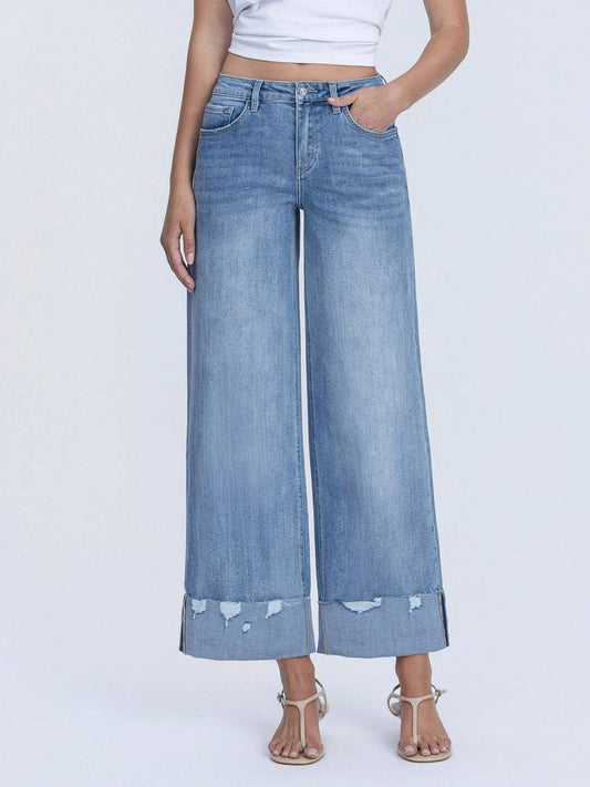 HIGH RISE MEDIUM WASH CUFFED WIDE JEANS LV1604