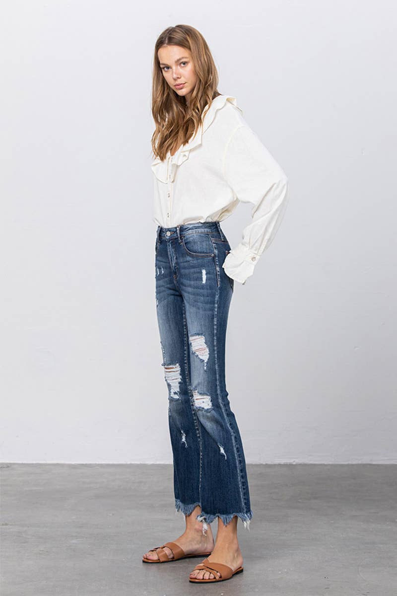 High Stretch Mid Rise Frayed Hem Distressed Crop Flare Jeans