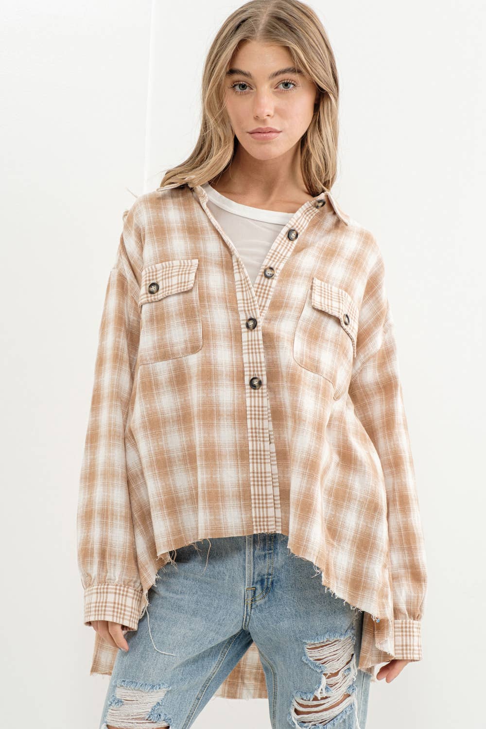 Yarn Dyed Mixed Contrast Crop Frayed Bottom Shirt