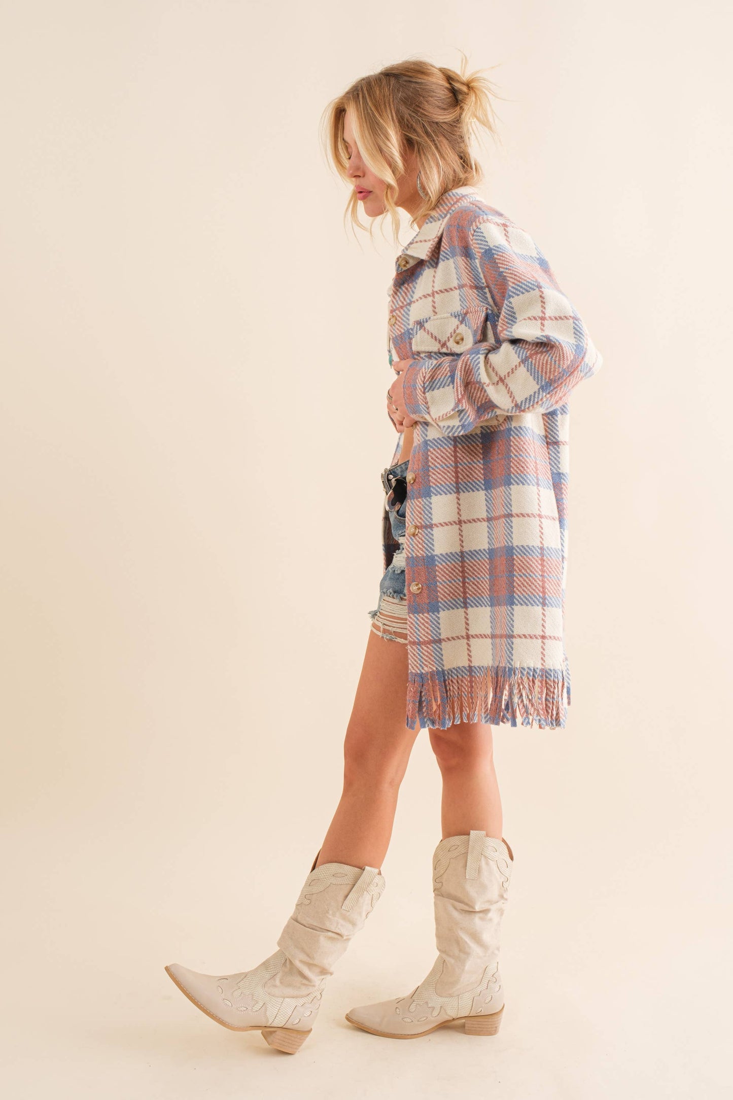 Yarn Dyed Fringe Bottom Button Up Long Shirt Jacket