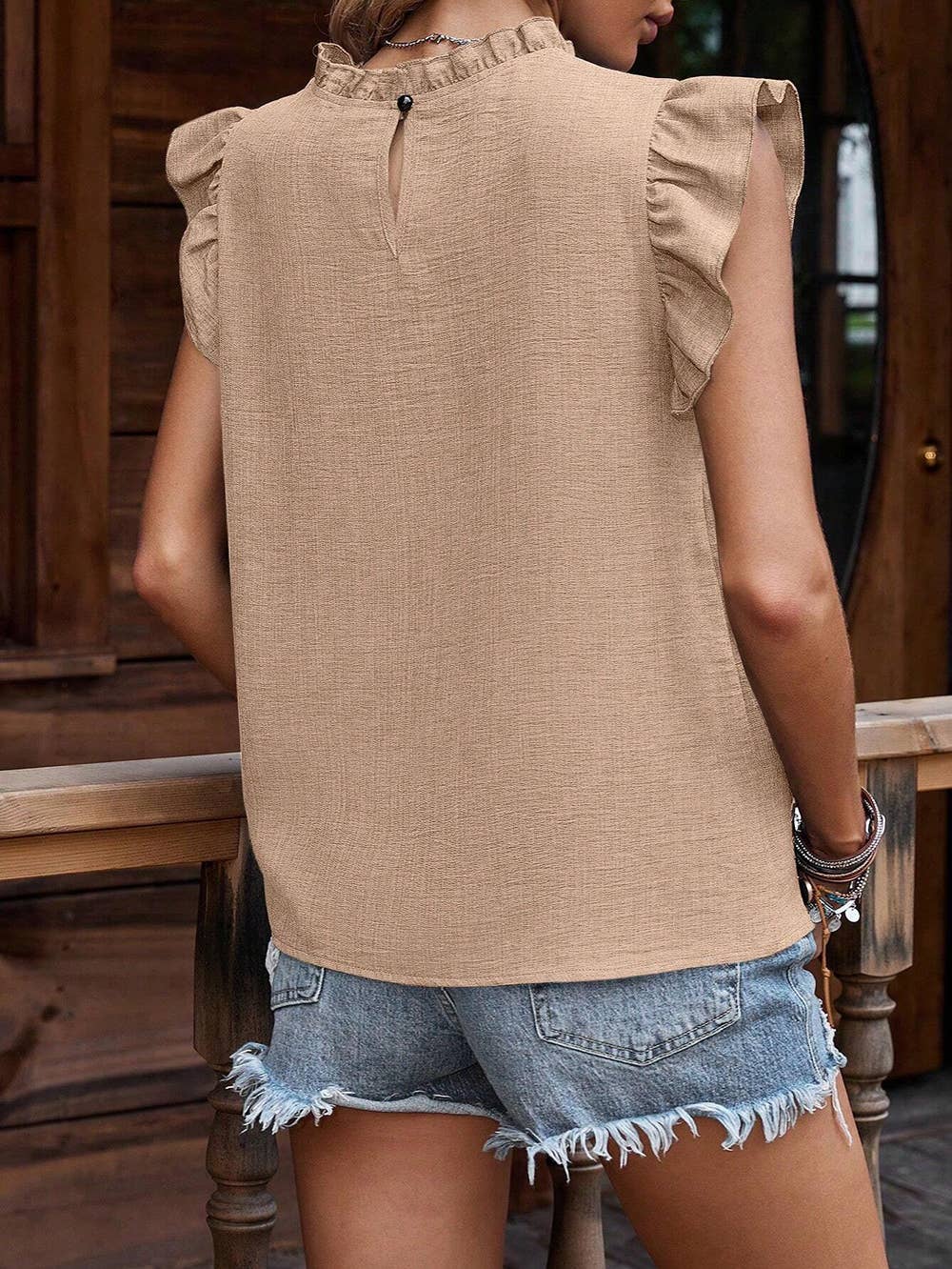 Crinkle Pleated Ruffle Mock Neck Top
