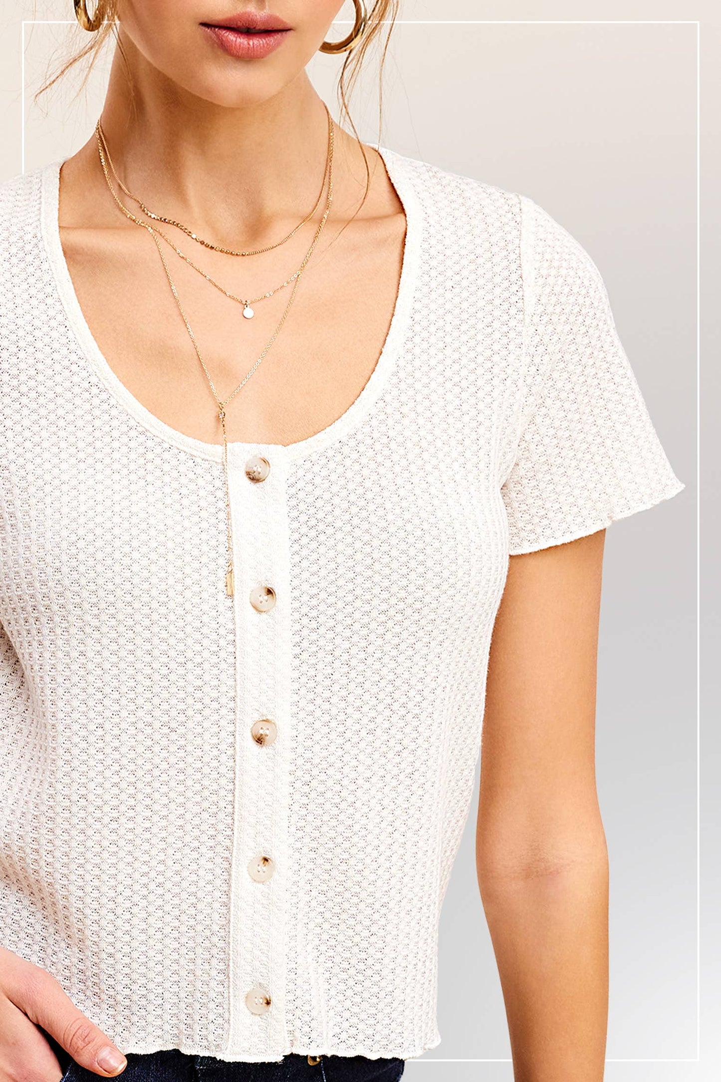 Stretchy Brushed Waffle Knit Short Sleeve Button Top