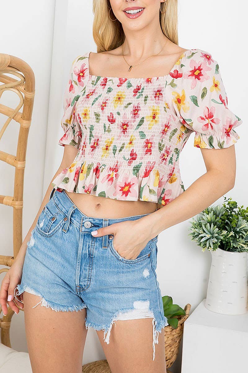 Smoked Floral Puff Top