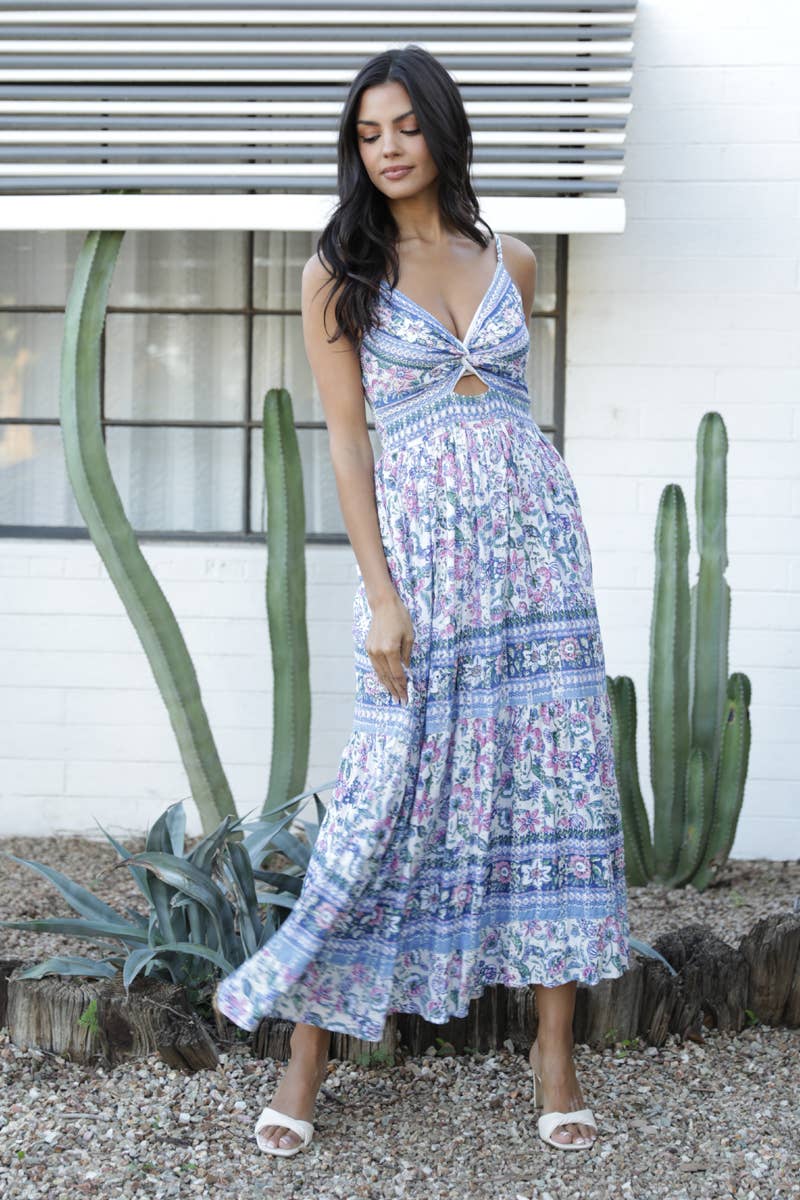 V Neck Twist Front Cut out Maxi Dress