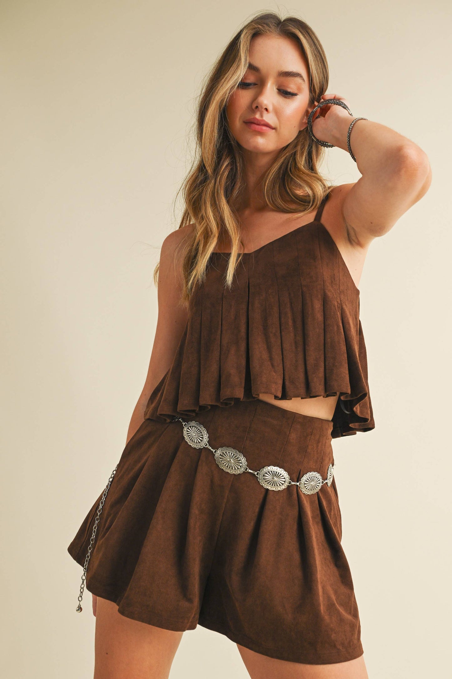 SUEDE PLEATED SLEEVELESS TOP AND SHORTS SET