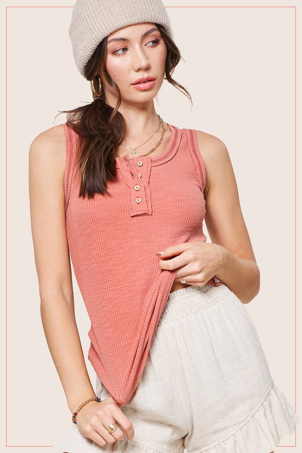 Ribbed Fabric Stitched Detail Henley Tank Top